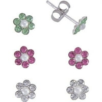 Дамски комплект розови, ясни и зелени кристални сребърни цветни обеци