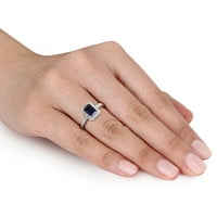 Миабела жени 1-КТ. Създаден син сапфир и диамант сребро ореол годежен пръстен