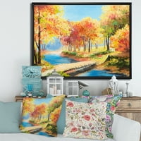 Оранжеви и жълти дървета край брега на реката рамка живопис платно изкуство печат
