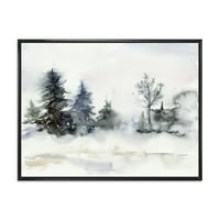Дизайнарт 'Коледен минималистичен снежен и горски пейзаж' езеро къща рамкирани платно стена арт принт