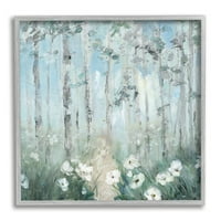Ступел индустрии бели цветя цъфтят Гора брезови дървета пейзаж живопис сива рамка изкуство печат стена изкуство,